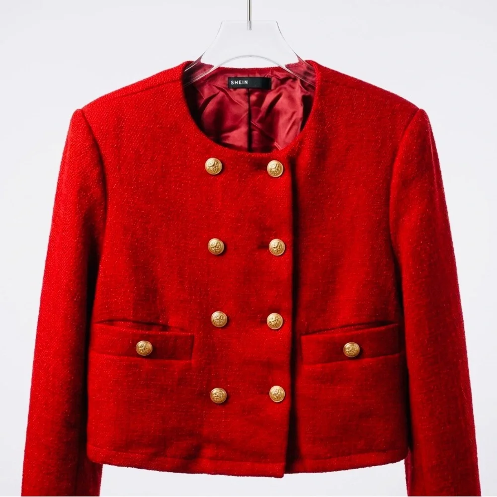 SHEIN red textured tweed two-piece skirt suit set size large